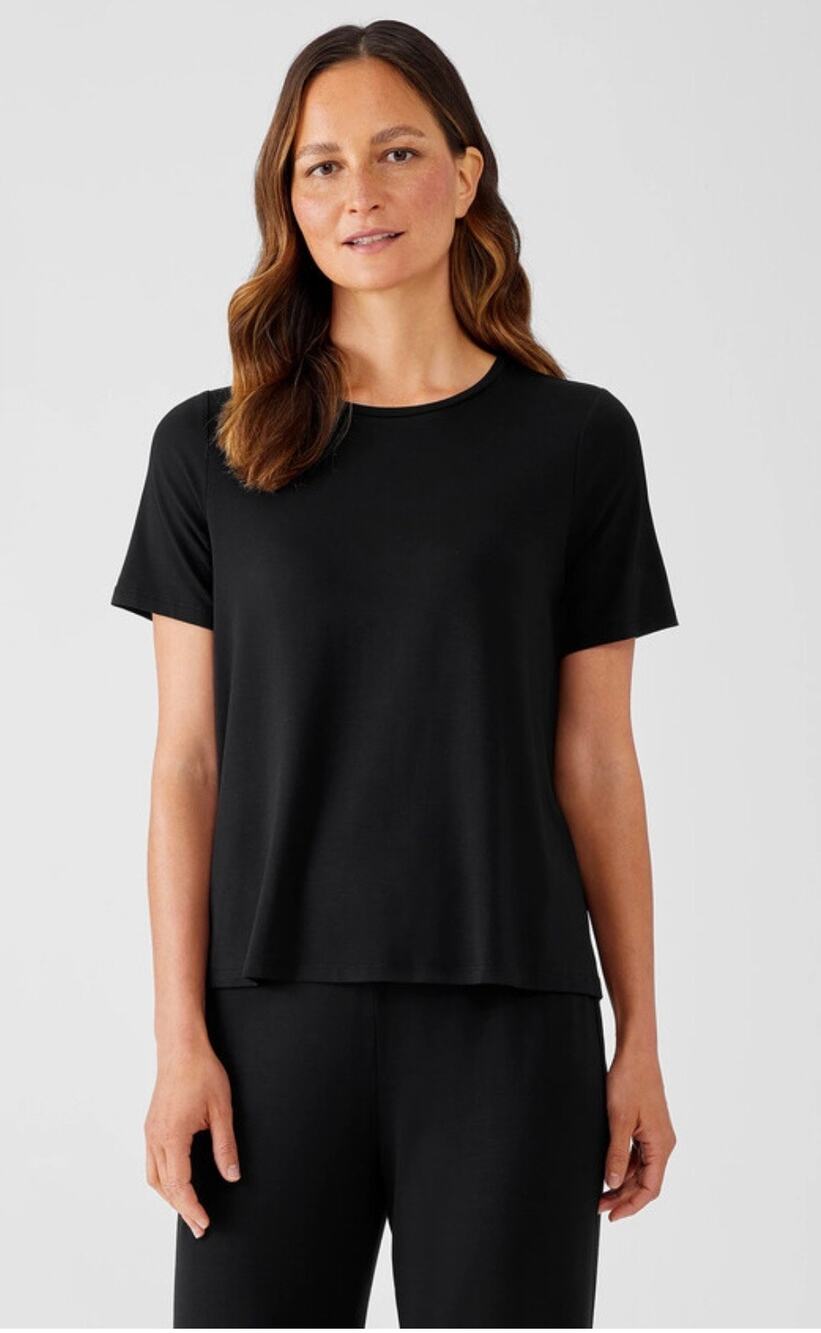 Eileen Fisher Crew Neck Black Short Sleeved Shirt Size Medium